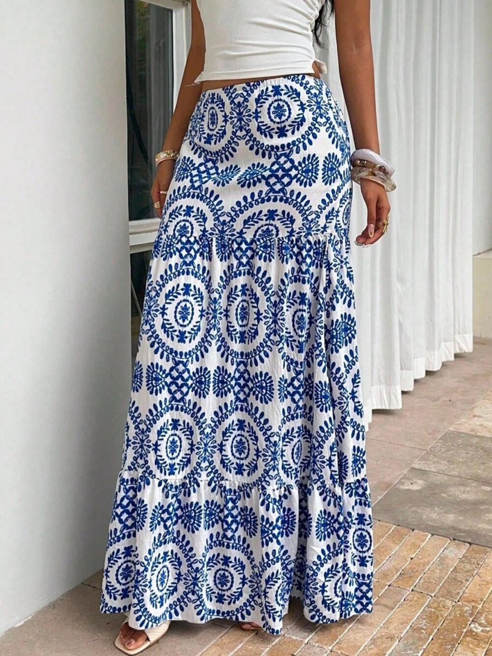 Blue And White Boho Women's Full Print Casual Loose Low Waist Skirt